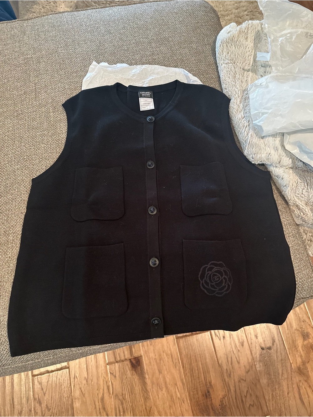 Chanel Black Button Front Sleeveless Vest with Floral Patch